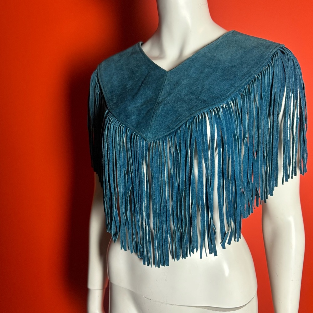 Vintage Blue fringe shrug with a boho vibe, made from soft leather suede